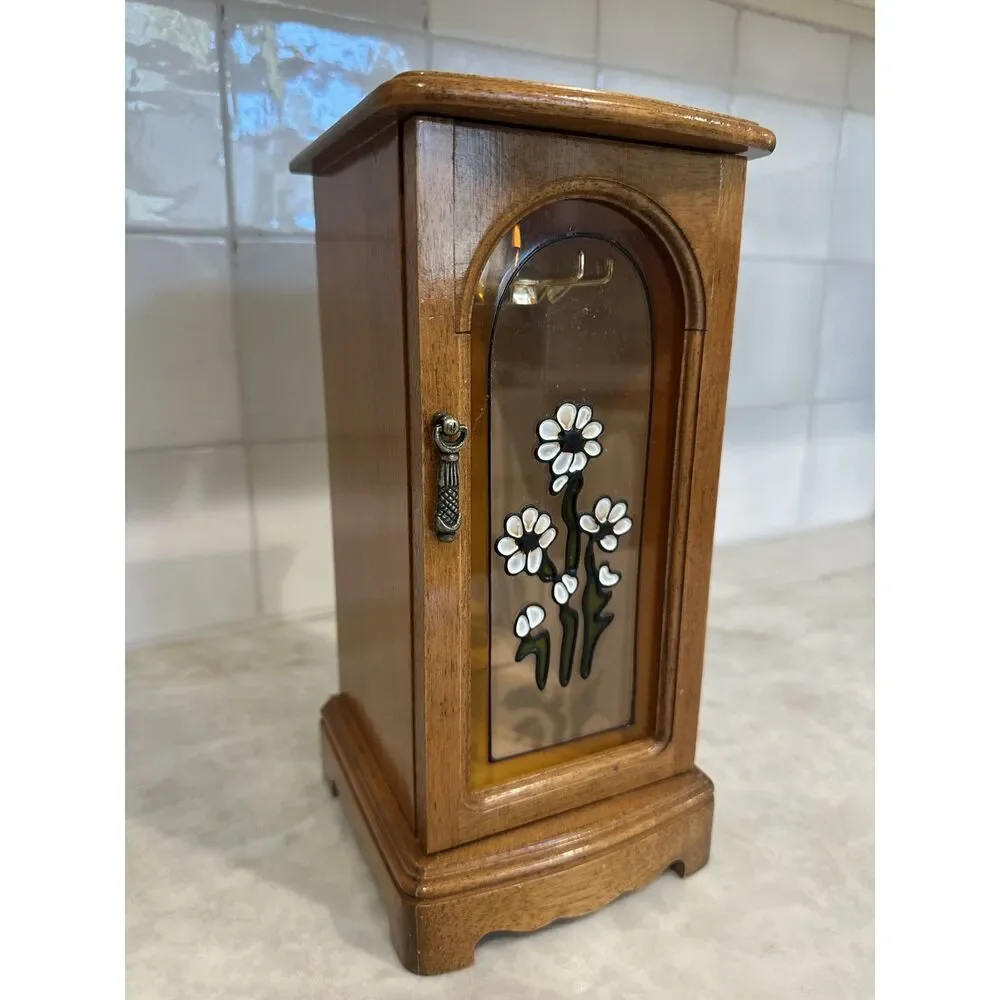 Vintage Wooden Jewelry Cabinet with Clear Floral Door, Mirror, & Necklace Hanger